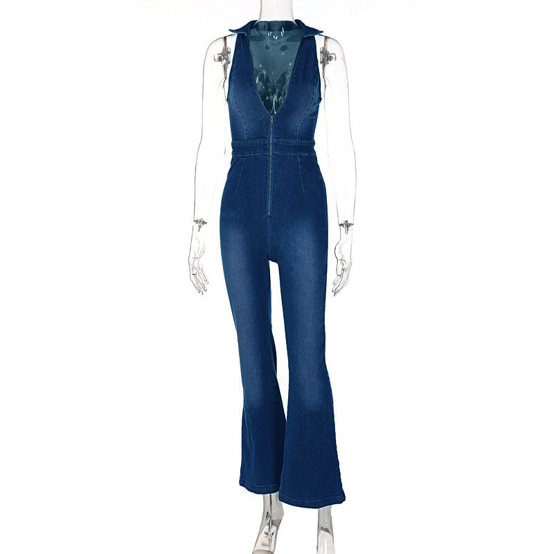 Slim Fit Slimming Zipper Sleeveless V-neck High Waist Retro Denim Jumpsuit