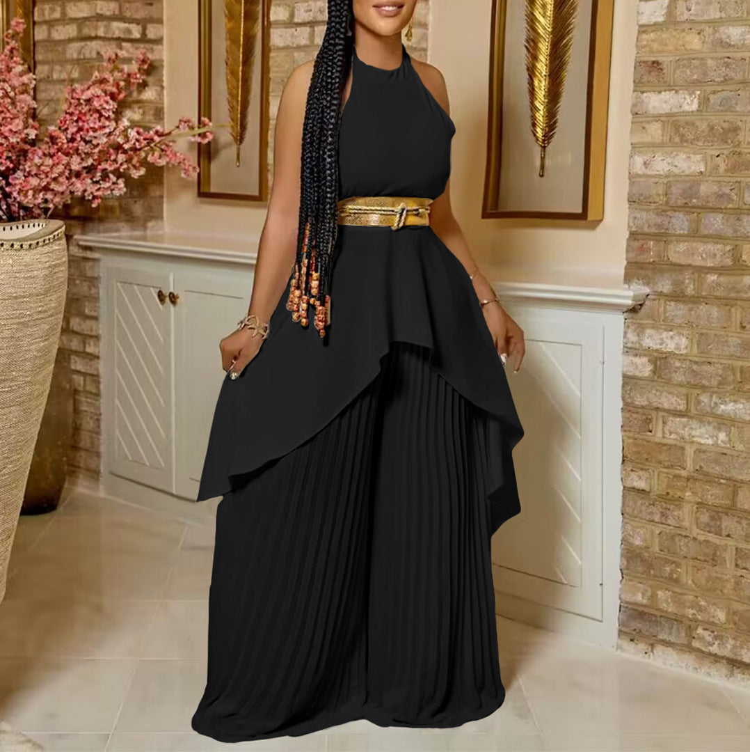 with Belt Two Piece Suit Sleeveless Backless Irregular Asymmetric Maxi Dress Wide Leg Pants Suit