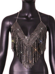 Full Rhinestone Tassel Exposed Cropped V Plunge Vest Camisole Cropped Outfit Top