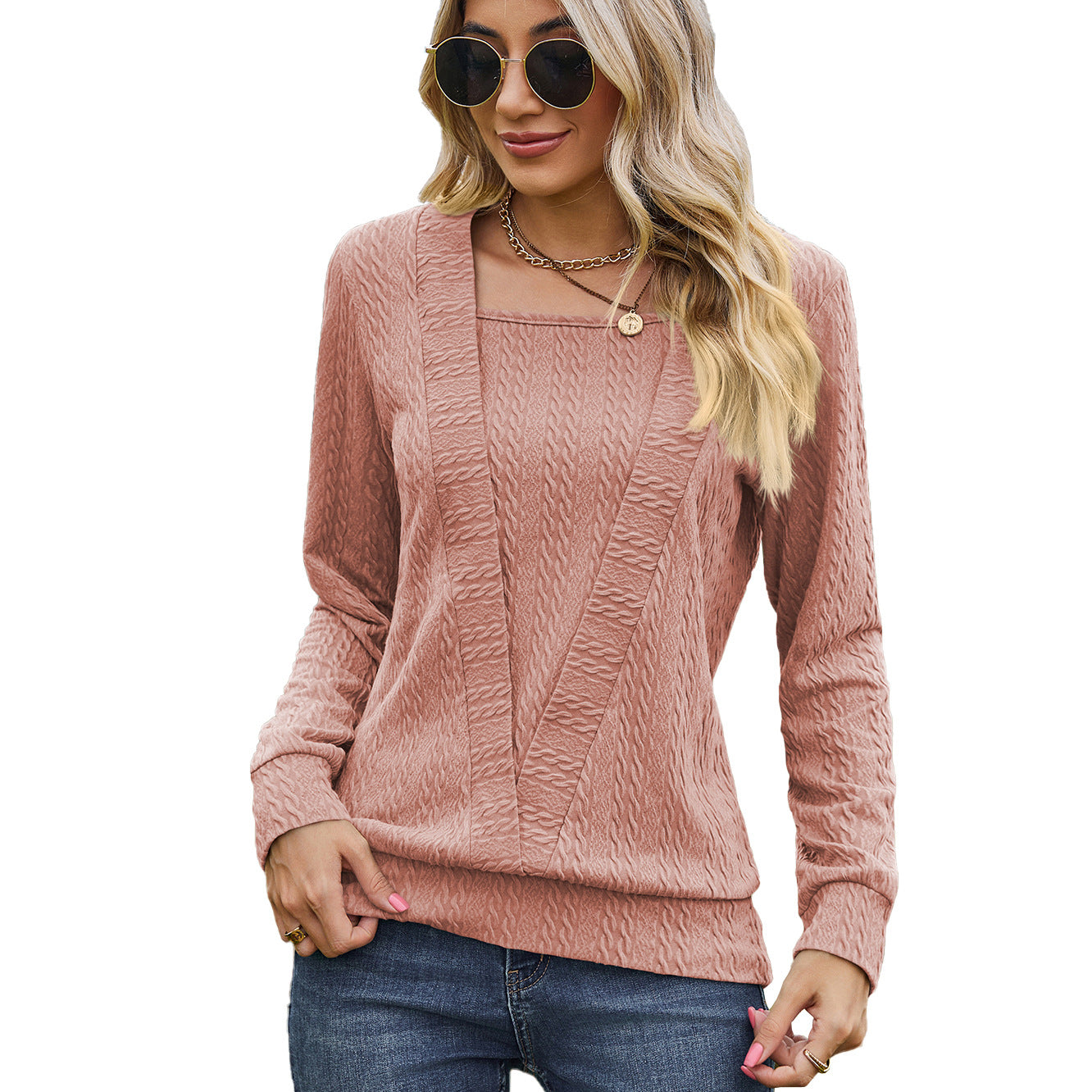 Solid Color Square Collar Cross Loose Long Sleeved T shirt Top