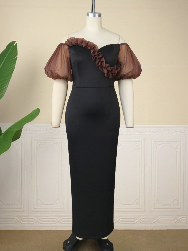 Robe de Noël élégante à manches lanternes et haut tube, robe de cocktail taille haute
