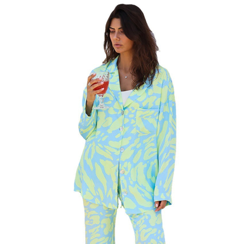 Printed Pajamas Long Sleeve Suit Loose Trousers Casual Artificial Silk Home Wear Outerwear