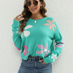 Jacquard-Pullover mit Blumenmuster in Kontrastfarbe, O-Ausschnitt, kurz, All-Match-Pullover