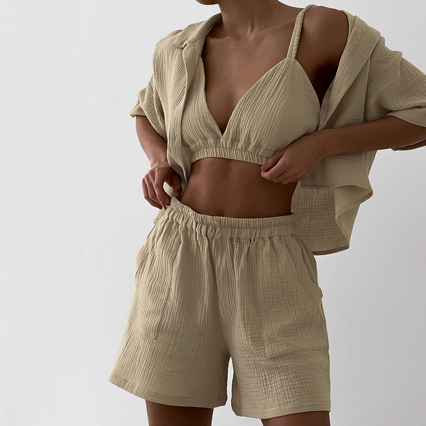 Pyjama en gaze double épaisseur, trois pièces, short à manches courtes, vêtements d'extérieur, vêtements d'intérieur