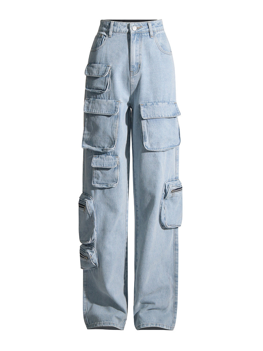 Retro Light Blue Washed High Waist Cargo Jeans Zipper Large Pocket Trousers