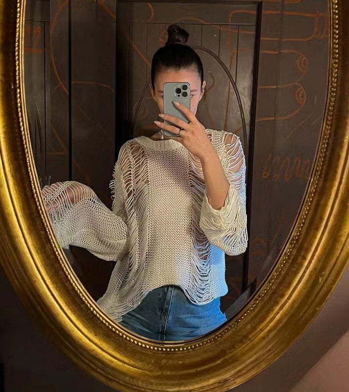 Long Sleeve Hollow Out Cutout Round Neck Loose Sweater