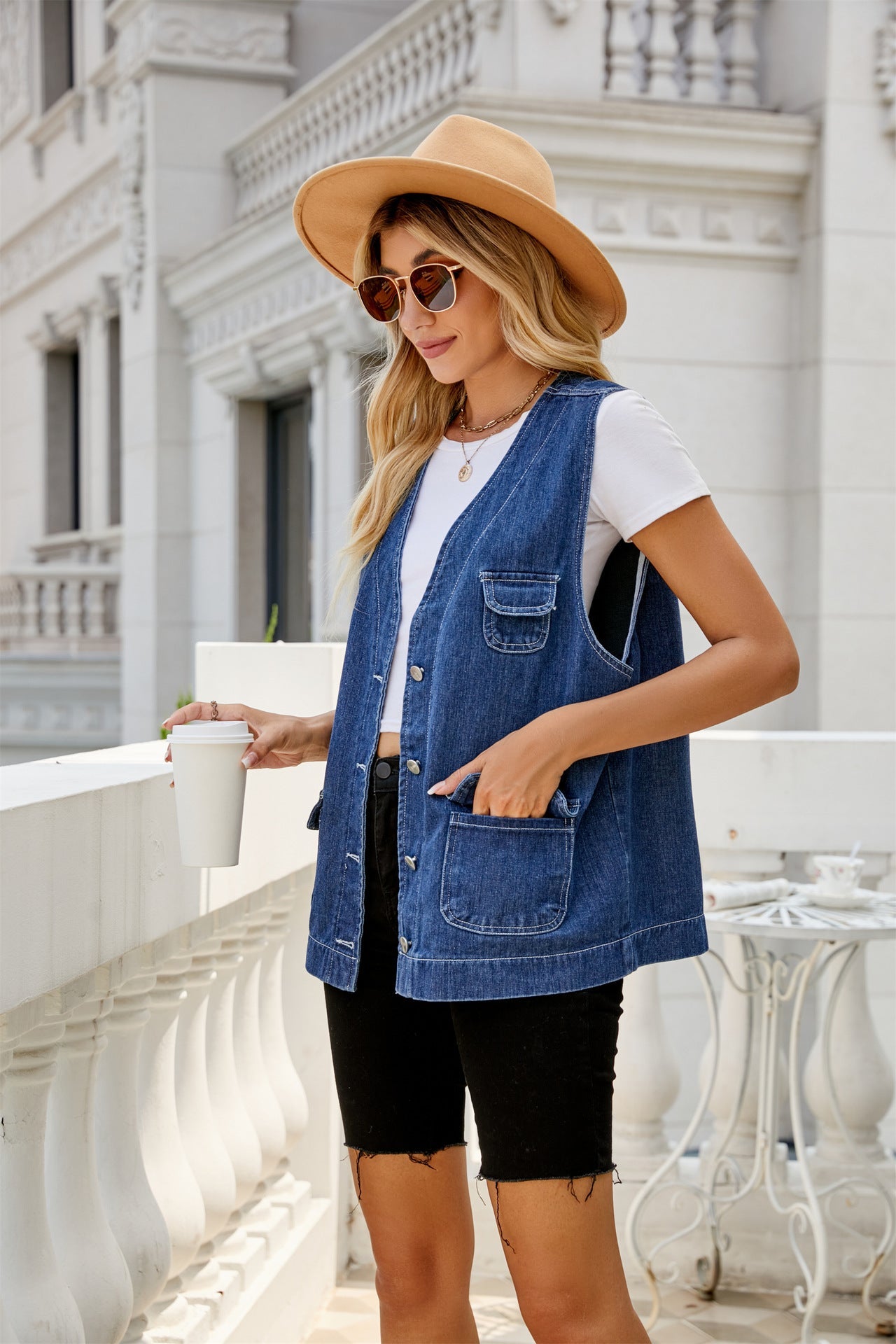 Denim Waistcoat Vest Multi Pocket Personalized Washed Waistcoat