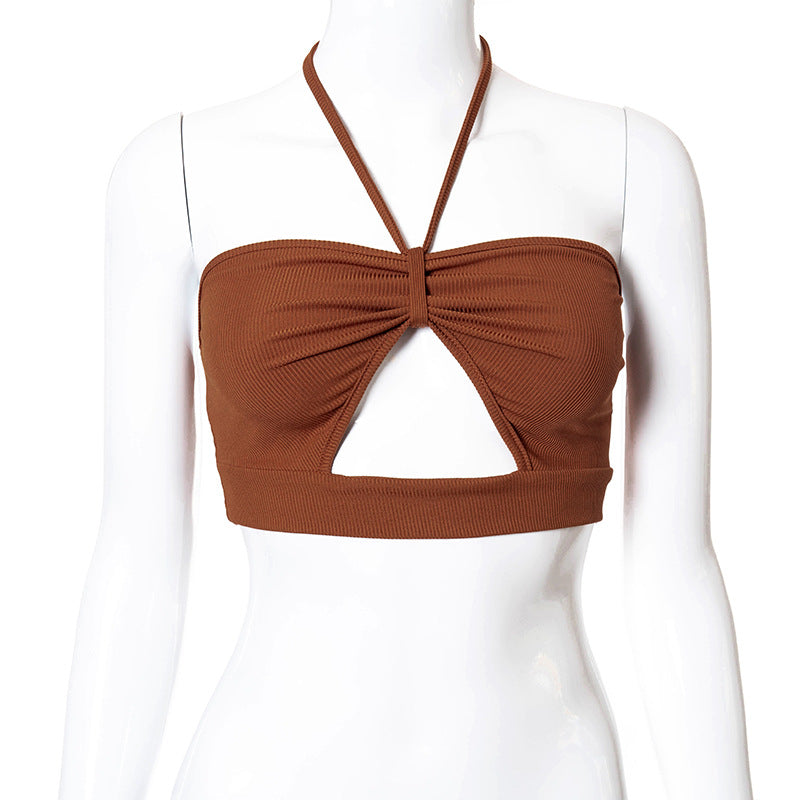 Solid Color Tied cropped Backless Slim-Fit T-shirt