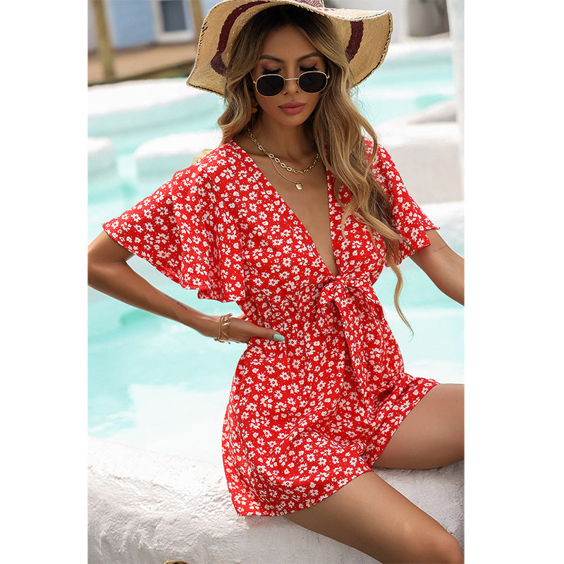 Batwing Sleeve V neck Small Floral Romper