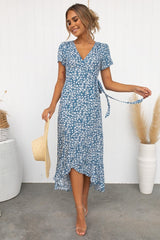 Robe cardigan imprimée à lacets et manches courtes et col en V