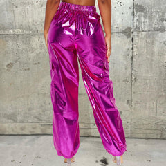 Glossy Trousers Christmas Bright Color Stretch Leather Zipper Ankle Banded Slacks