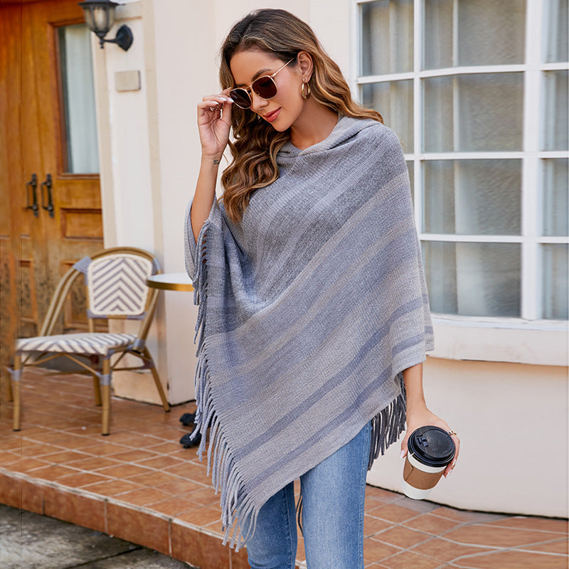 Knitted Tassel Shawl Cape Striped Hooded Scarf