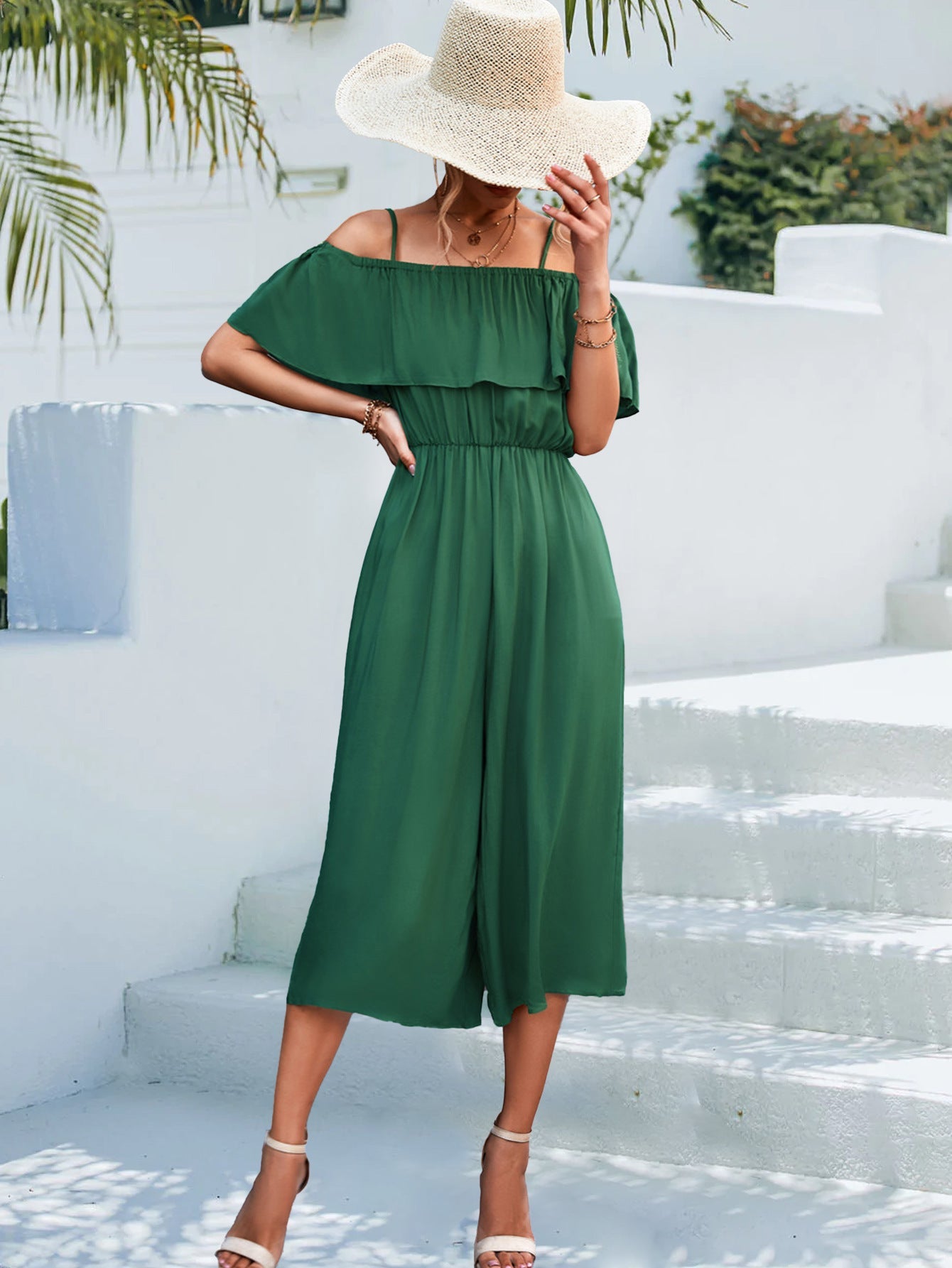 Solid Color off Shoulder Loose Casual Sling Jumpsuit