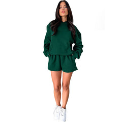 Solid Color Long-Sleeved Hooded Sweaters Two Piece Casual Shorts sets