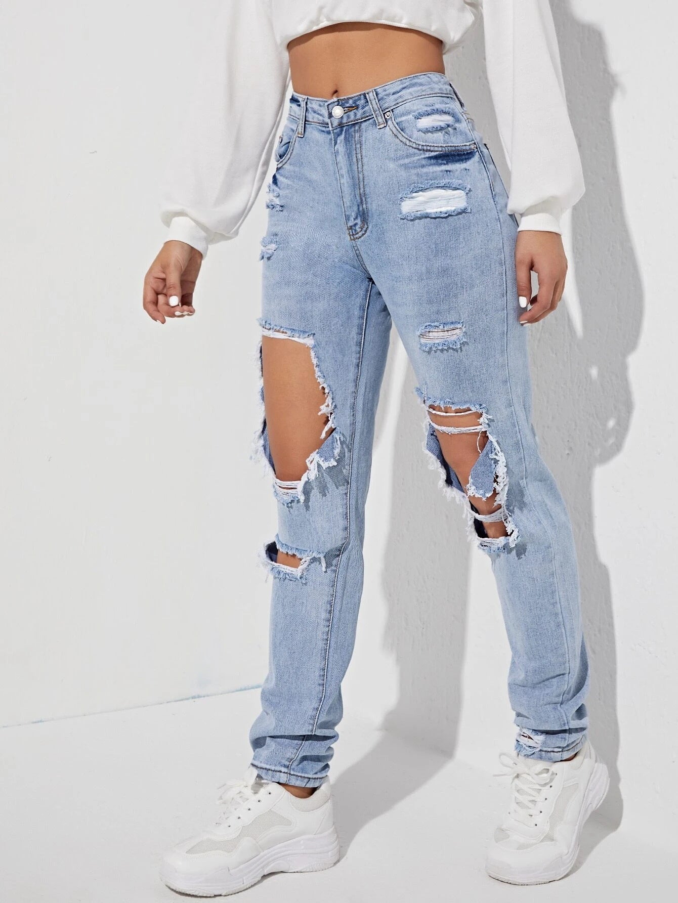 Pantalon en jean droit taille haute à larges déchirures