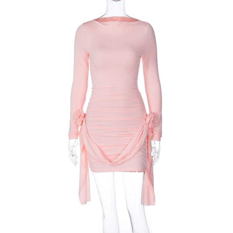 Robe à fleurs à col rond et coupe ajustée, patchwork, ruban, assortie