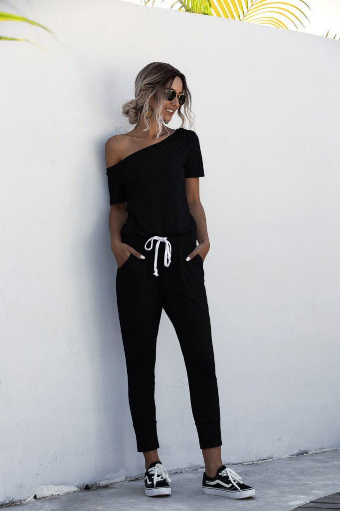 Home Jumpsuit Casual Waist Loose Sports Pocket Solid Color Jumpsuit