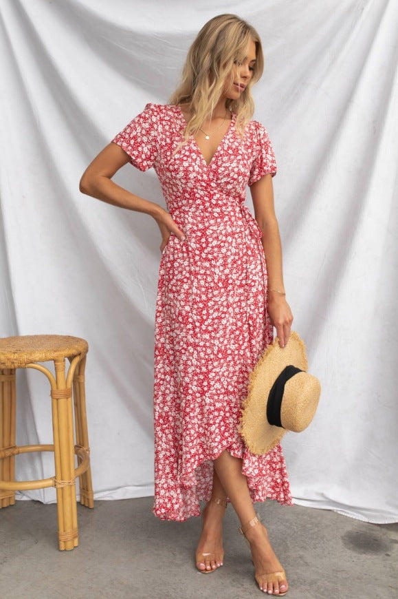 Robe cardigan imprimée à lacets et manches courtes et col en V