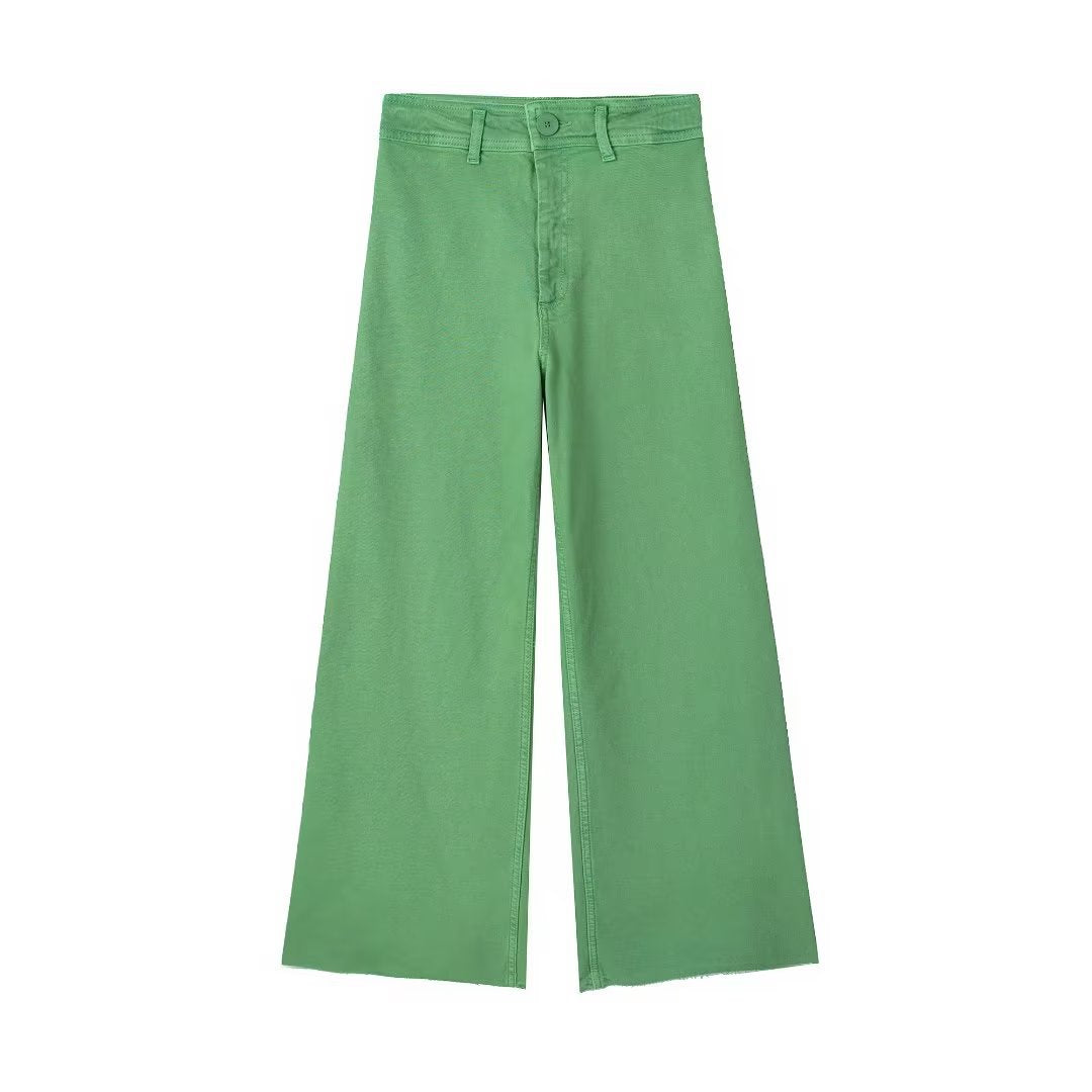 High Waist Solid Color Navy Straight Casual Denim Trousers