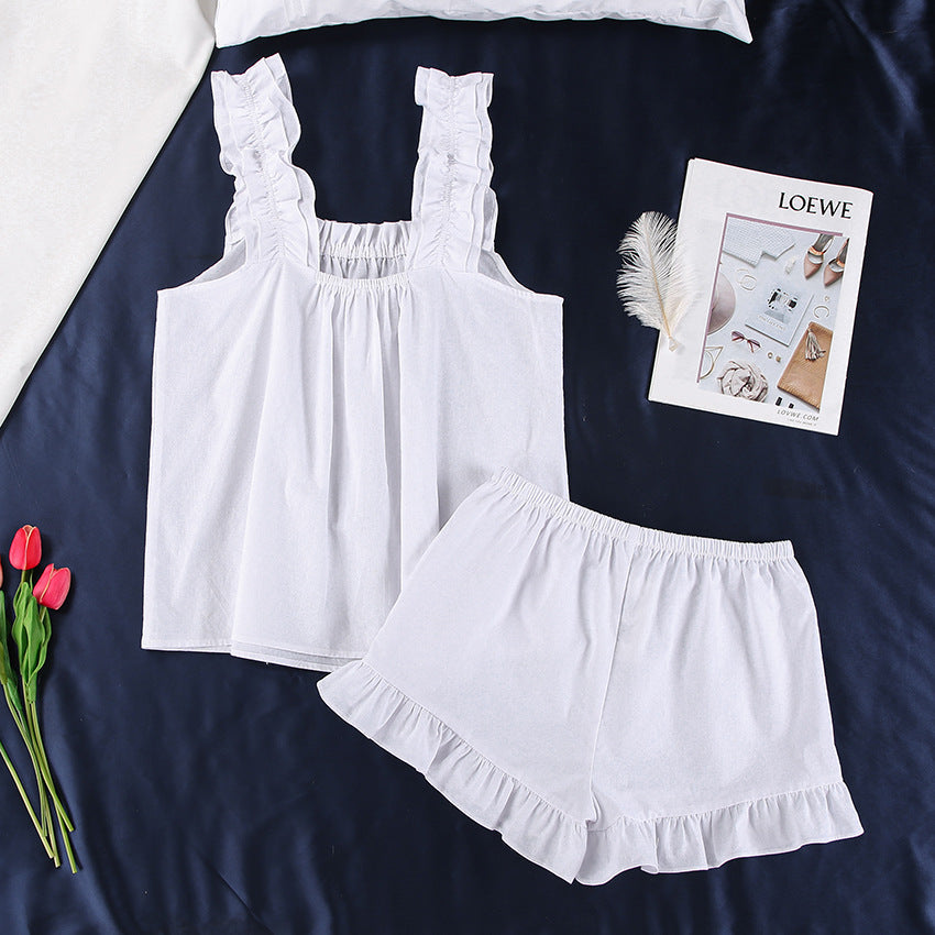 French Cotton Sleeveless White Ruffled Spaghetti Straps Cotton Linen Pajamas Homewear Can Be Worn outside