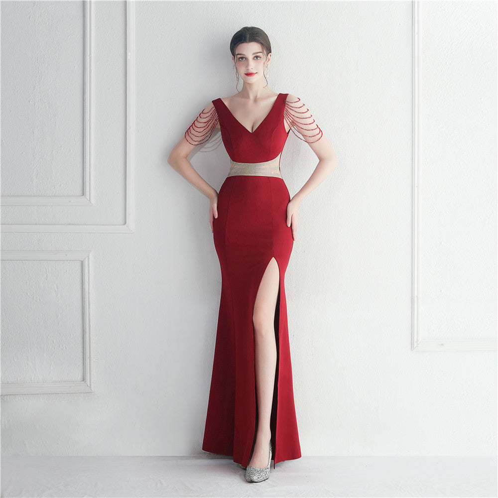 Robe longue de soirée ornée de strass et de perles pour hôte, dîner, mariage