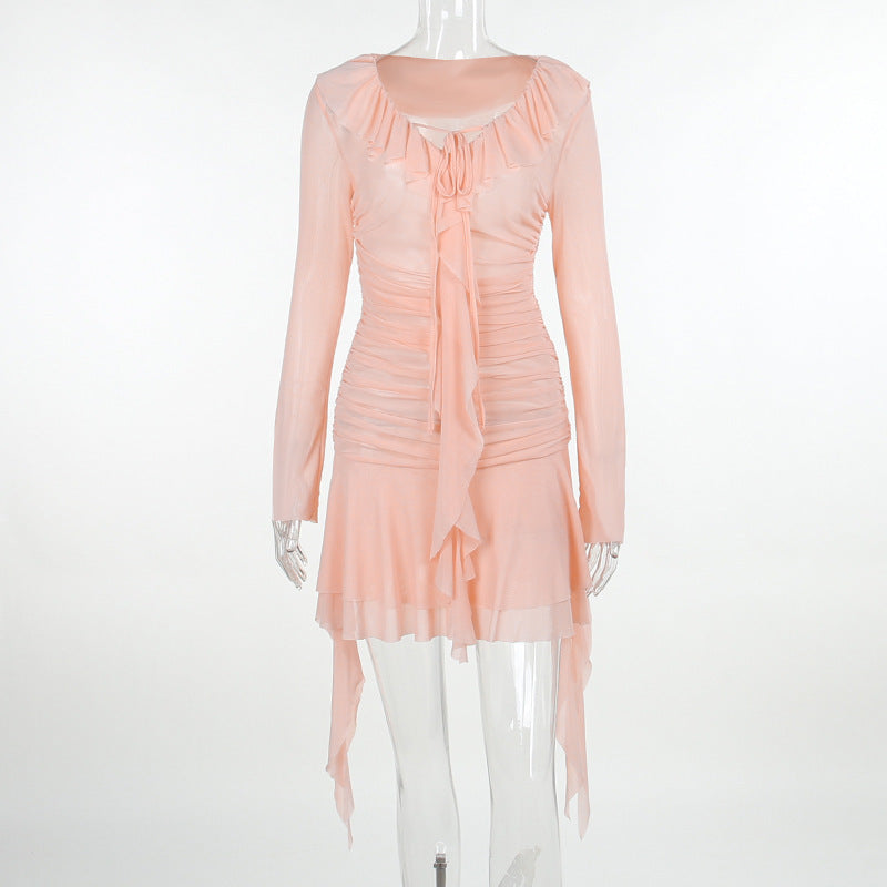 Ribbon Mesh Pleated Dress French Slim Long Sleeve Hip
