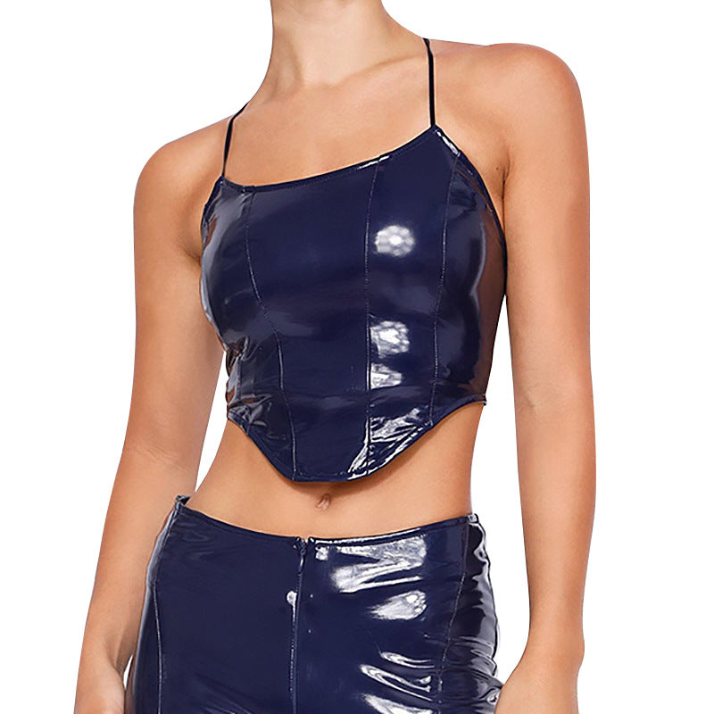 Solid Color Cropped Backless Faux Leather Camisole