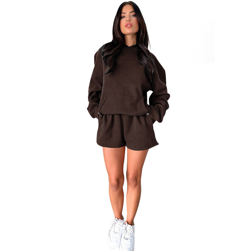 Solid Color Long-Sleeved Hooded Sweaters Two Piece Casual Shorts sets