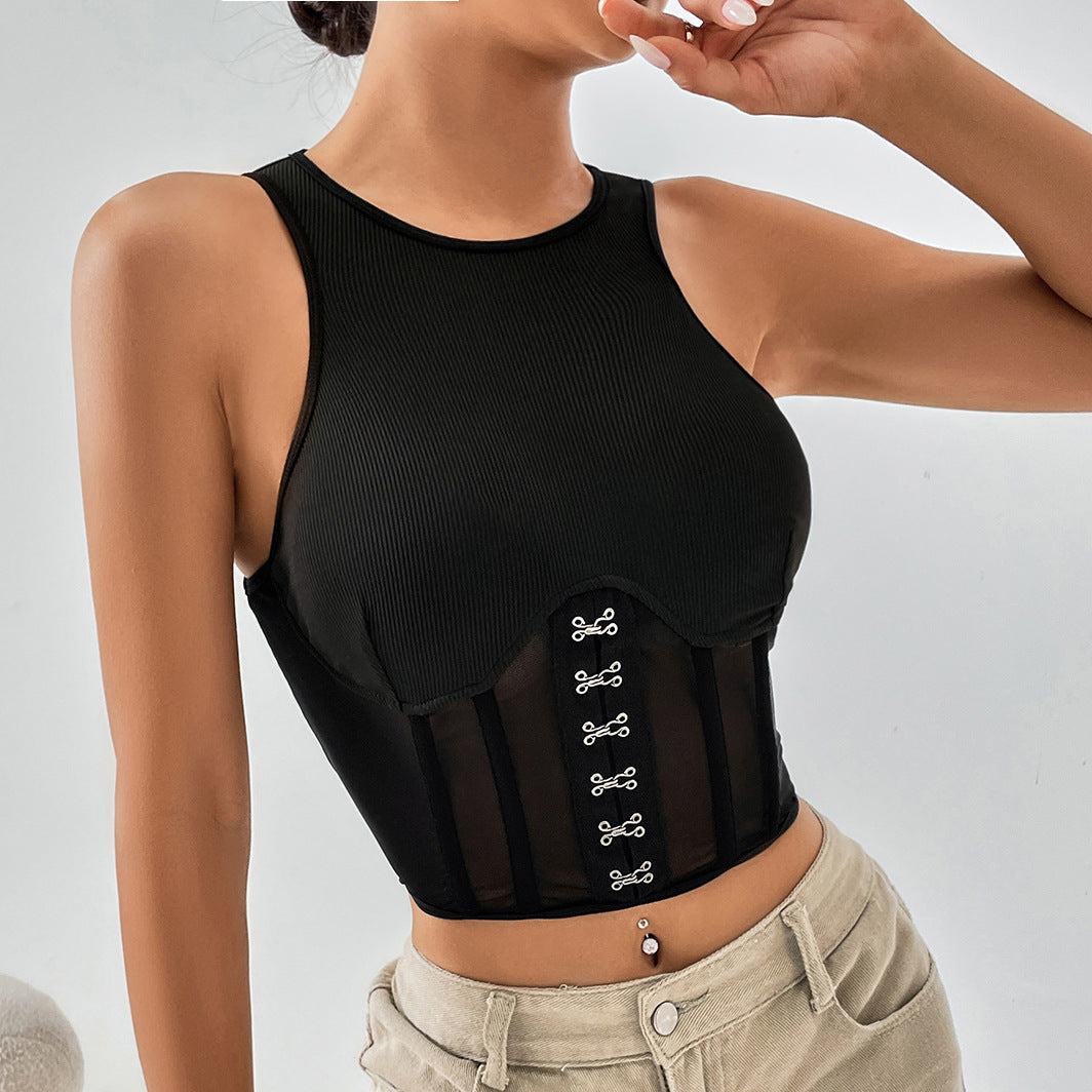 See through Stitching Short Mesh Top Metal Decoration Boning Corset Girdle Vest