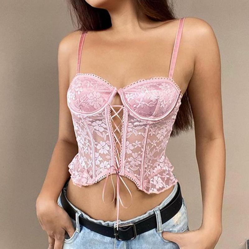 Chest Lace Up Cutout Irregular Asymmetric Hem See Through Camisole