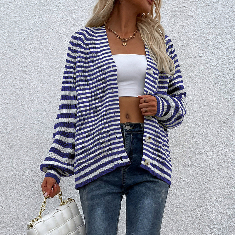Casual Button Knitted Cardigan Striped V Neck Lantern Sleeve Sweater