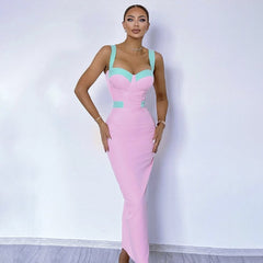 Robe longue bandage rose et verte, coupe ajustée, couleurs contrastées