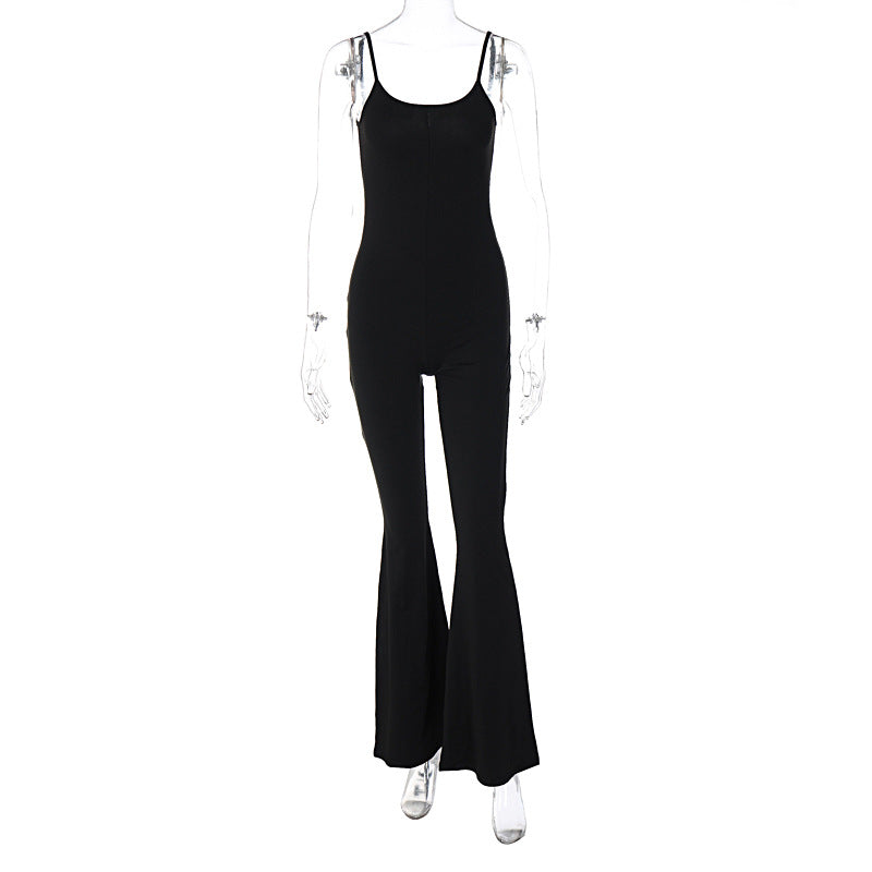 U Collar Backless Slim Fit Solid Color Sling Jumpsuit