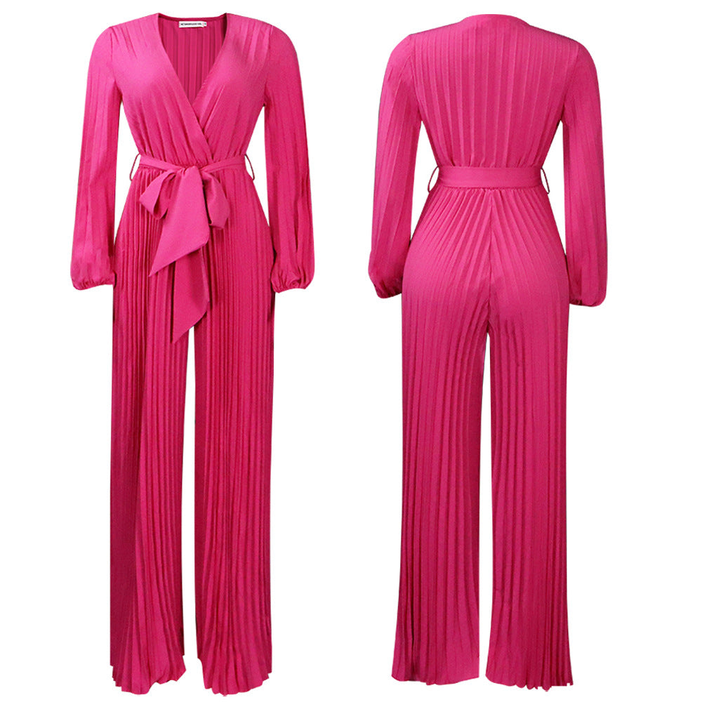 V neck Lace up Pleated Wide Leg Jumpsuit