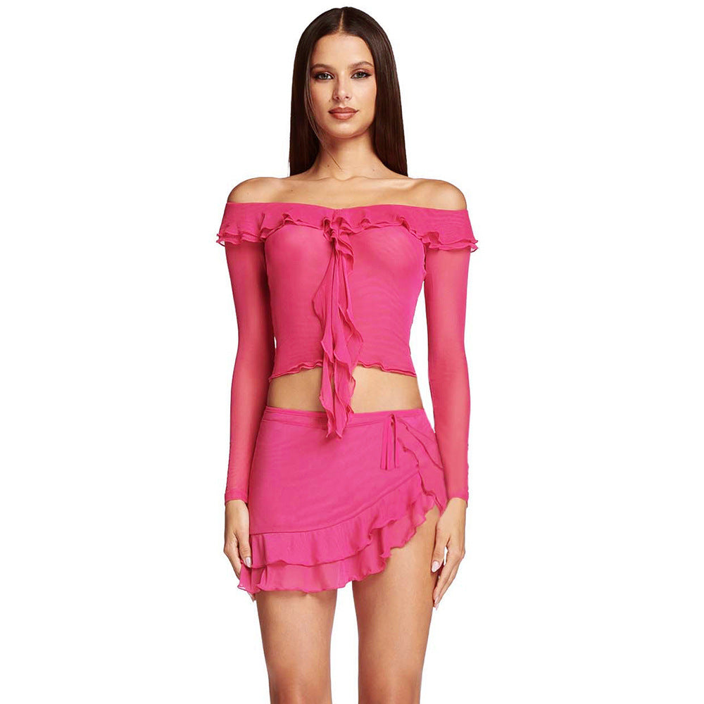 Suit Skirt Ruffles Off-Shoulder Top Skirt Outfit Two Piece Set