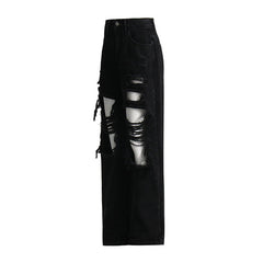 Pantalon en jean taille haute coupe droite, ample, troué, noir, drapé amincissant, jambe large, jean serpillière