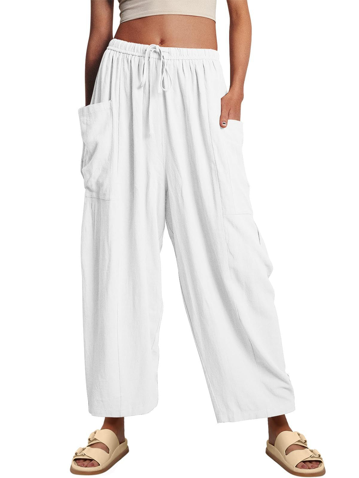 Elastic Waist Pleated High Waist Wide Leg Pants Loose Casual Cotton Linen Trousers