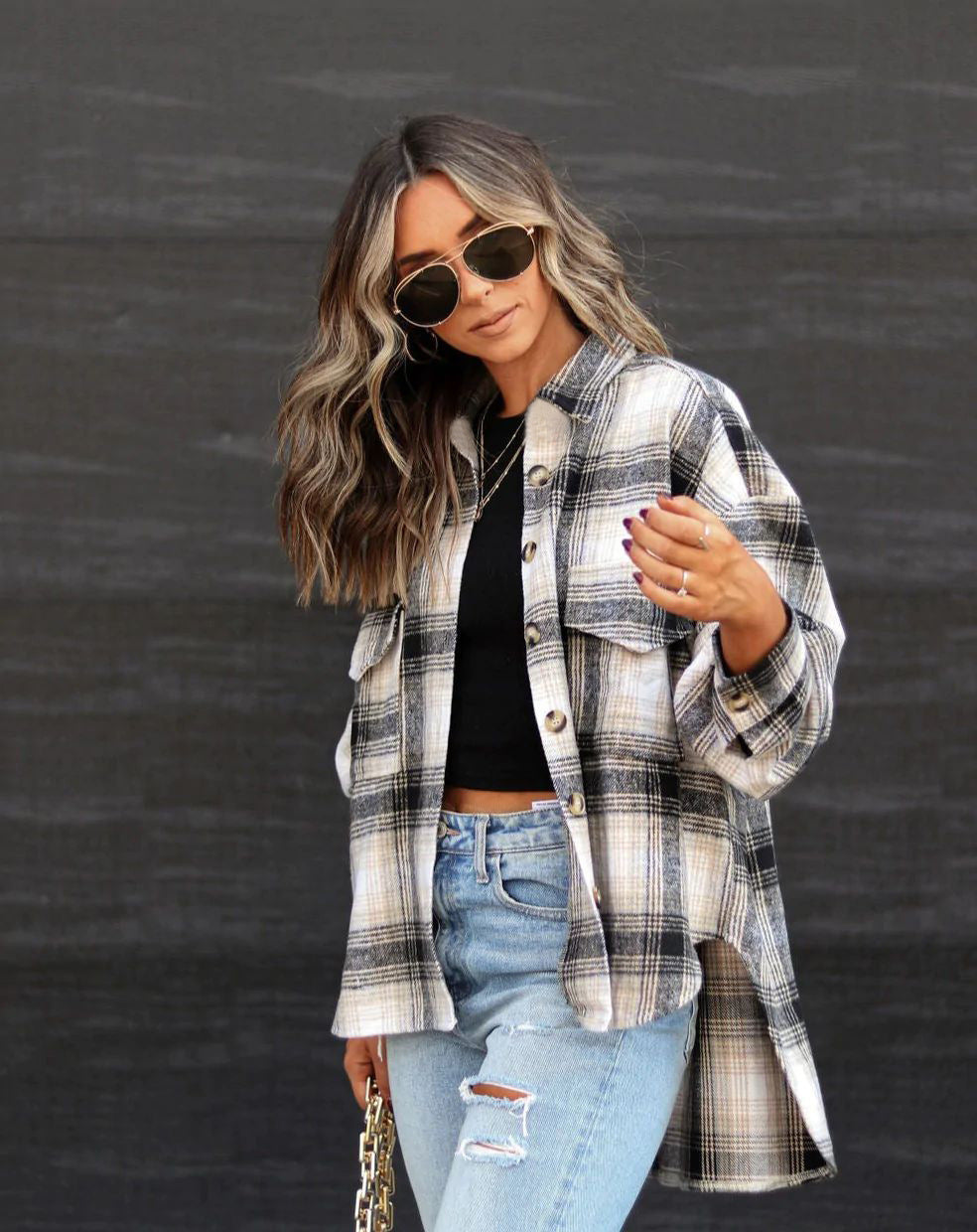 Long Sleeve Loose Plaid Shirt Woolen Coat