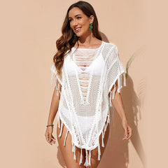 Beach Dress Solid Color Knitted Hollow Out Cutout Beach Bikini Blouse Sun-Protective Fringe