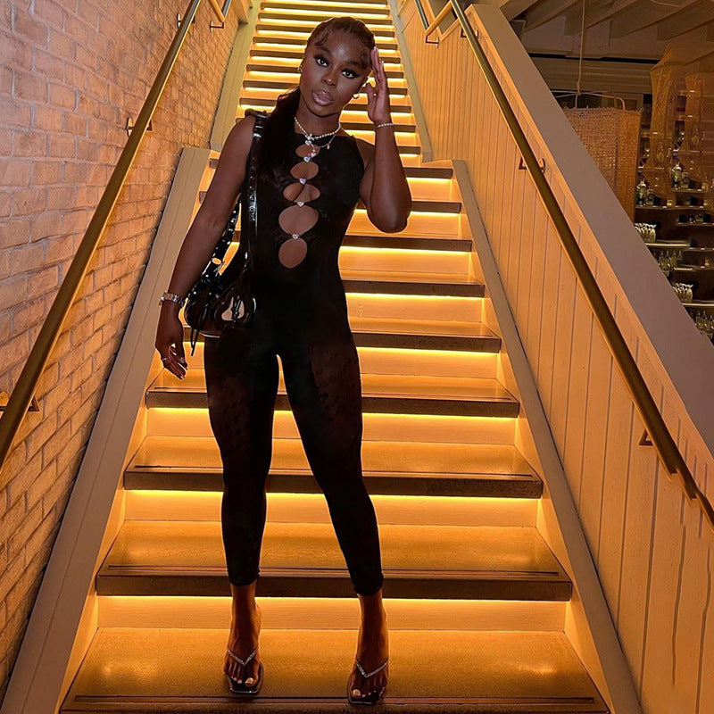Mesh See-through Hollow Out Cutout High Waist Trousers Sleeveless Tight Jumpsuit