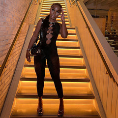 Mesh See-through Hollow Out Cutout High Waist Trousers Sleeveless Tight Jumpsuit