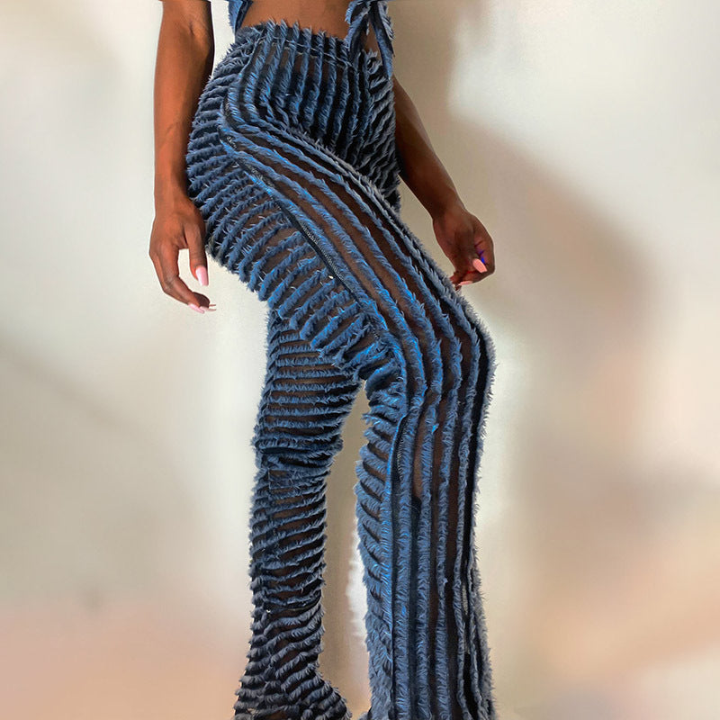 Durchsichtige Bootcut-Hose mit hoher Taille und Fellstruktur