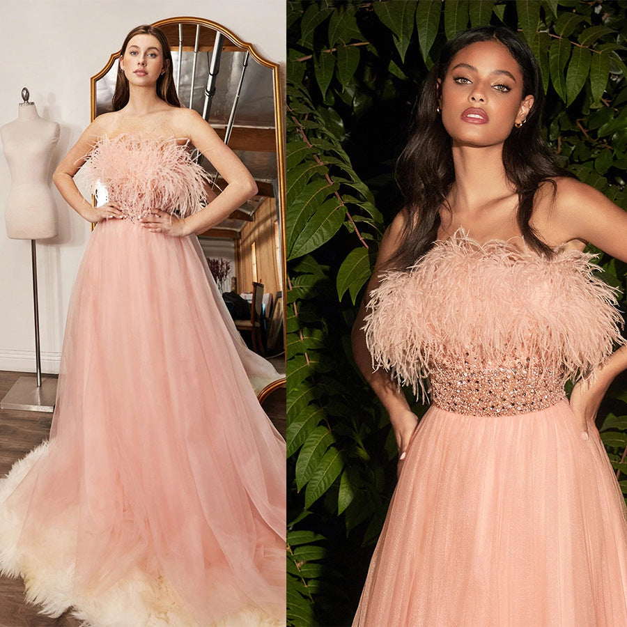 Robe de mariée en ligne à paillettes et col en fourrure, épaules dénudées