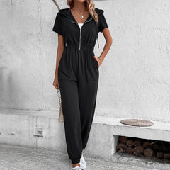 Hooded Work Solid Color Jumpsuit