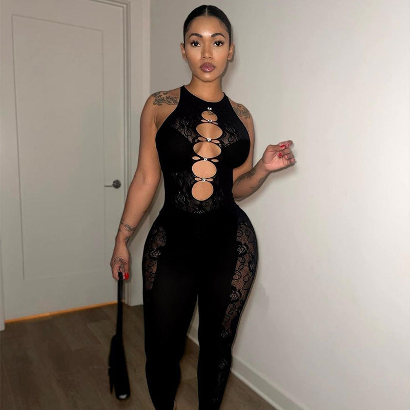 Cutout High Waist Tight Hip Lifting Knitted Jacquard One Piece Trousers