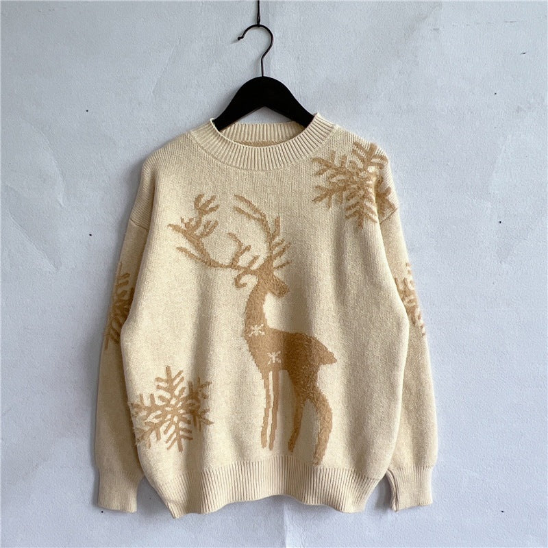 round Neck Long-Sleeved Christmas Sweater Year Snowflake Deer Jacquard Knitted Pullover