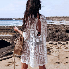 Lace Embroidered Beach Cover-up Seaside Sun Protection Halter Bikini Blouse