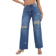 Jeans délavés à l'eau avec trous et jambes larges