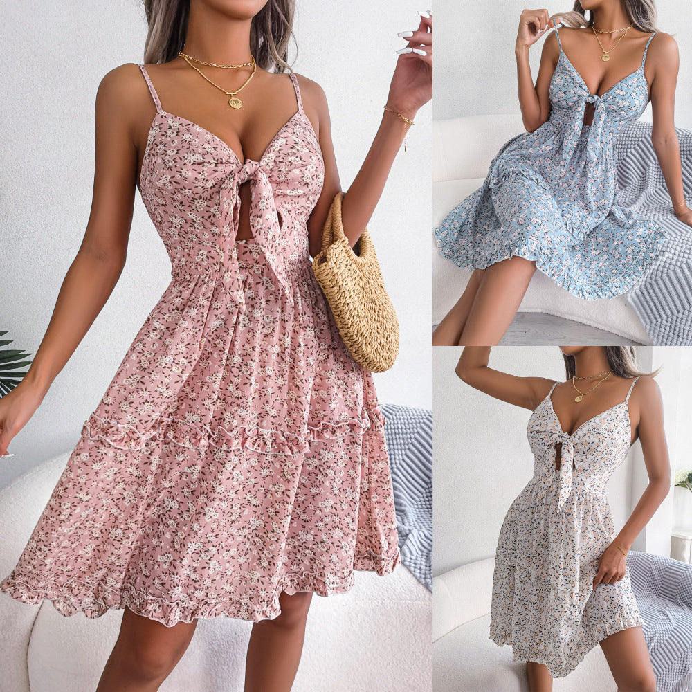Floral Bow V-neck Ruffled Large Swing Dress Holiday Cami Dress