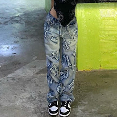 High Street Hip Hop Jeans Personalized Letter Graphic Patch Straight Loose Casual Trousers